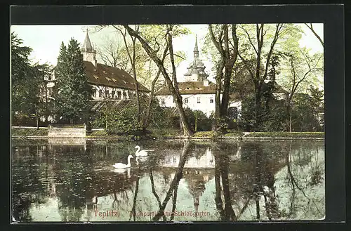 AK Teplitz Schönau / Teplice, Teichpartie im Schlossgarten