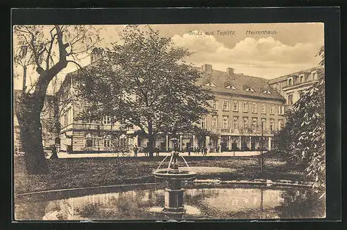 AK Teplitz Schönau / Teplice, Kurhaus Herrenhaus, Brunnen im Vordergrund