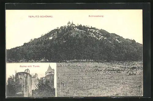 AK Teplitz Schönau / Teplice, Schlossberg, Ruine mit Turm