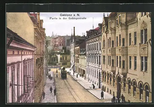 AK Gablonz / Jablonec Nad Nisou, Partie in der Gebirgsstrasse, Strassenbahn