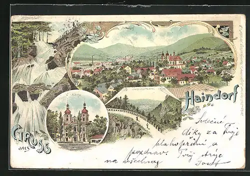 Lithographie Haindorf / Hejnice, Kirche, Stolpichstrasse, Stolpichfall