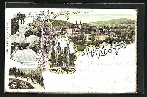 Lithographie Haindorf / Hejnice, Stolpichstrasse, Kirche, Gesamtansicht