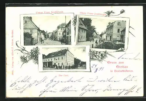 AK Grottau / Hradek Nad Nisou, Post, obere und untere Franz-Josef-Strasse