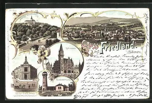 Lithographie Friedland / Frydlant, Rathaus, Kaiser Franz Josef-Landwirtschaftshaus, Schloss