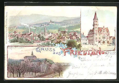 Lithographie Friedland / Frydlant, Schloss, Rathaus, Totalansicht