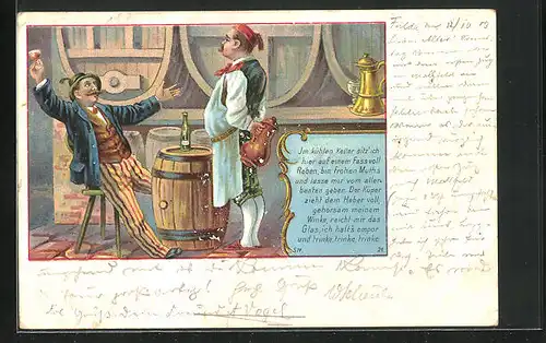 AK Mann sitzt im Weinkeller mit einem Glas Wein