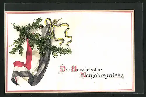 AK Kriegsneujahr, Reichsflagge und Tannenzweig, Neujahrsgrüsse