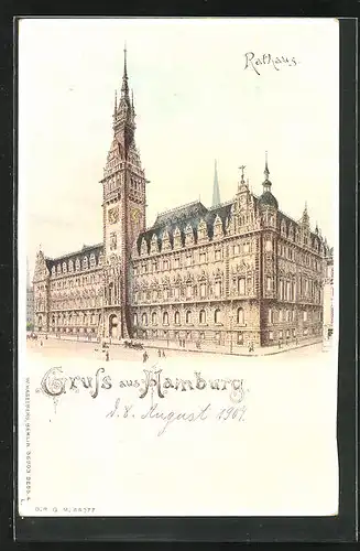 Lithographie Hamburg, Rathaus, Halt gegen das Licht
