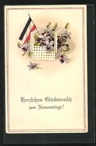 AK Erster Weltkrieg, Glückwunsch zum Namenstag, Stiefmütterchen und deutsche Reichsflagge