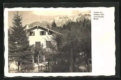 AK Ilsank, am Gasthaus mit Blick zum hohen Göll und hohem Brett