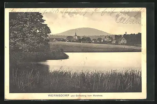 AK Wermsdorf, Panoramaansicht mit Collmberg vom Ufer des Horstsee aus