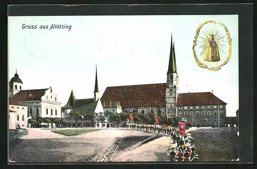 AK Altötting, Prozession an der Kirche, Marienbild