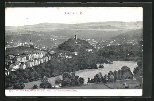 AK Greiz i. V., Generalansicht mit der Kirche auf dem Berg