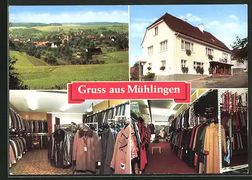 AK Mühlingen, Ortstotale im Tal, am Bekleidungshaus Müller, Kleiderfachgeschäft
