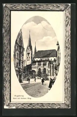 Präge-AK Augsburg, Dom mit Hohem Weg und Passanten an der Kirche