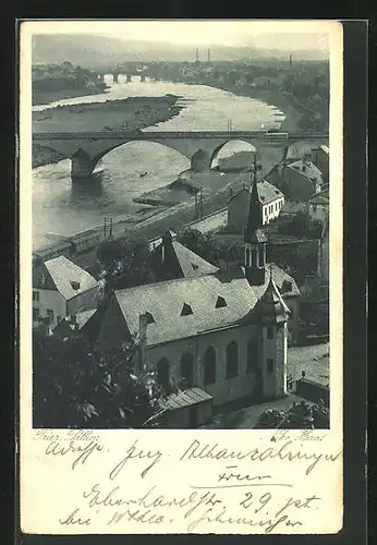 AK Trier, Pallien, Blick über die Stadt und die Rheinbrücke