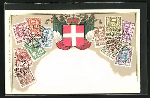 Lithographie Briefmarken verschiedener Werte, italienische Fahne