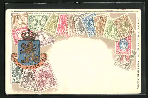 Präge-Lithographie Briefmarken, Niederlande, Wappentier Löwe