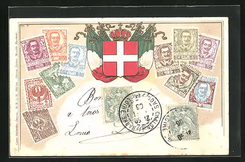 Präge-Lithographie Briefmarken, Italienflagge, verschiedene Werte der Lire Marken