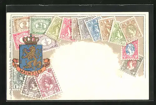 Präge-Lithographie Briefmarken der Niederlande, Werte in Gulden, Wappen mit goldenem Löwen