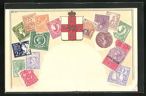 Lithographie Briefmarken von Wales verschiedener Werte, rotes Kreuz auf weissem Wappen, königliche Portraits