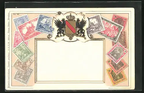 Präge-Lithographie Briefmarken von Deutschland verschiedener Werte, Adler goldenes Wappen, Darstellungen der Geschichte