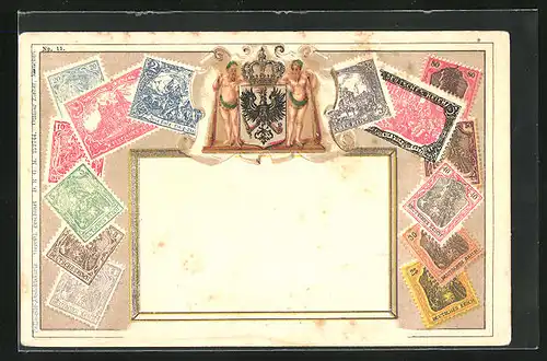 Präge-Lithographie Briefmarken von Deutschland verschiedener Werte, Männer mit Keulen neben Wappen und Adler