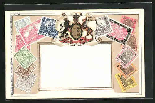 Lithographie Briefmarken von Deutschland verschiedener Werte, goldenes Wappen mit Hirsch und Löwe