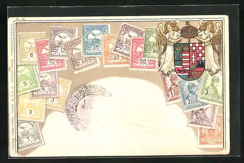 Lithographie Briefmarken von Ungarn verschiedener Werte, Wappen mit Krone und Engeln