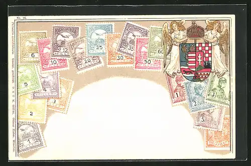 Präge-Lithographie Briefmarken von Deutschland verschiedener Werte, Engel neben dem Wappen und der Krone