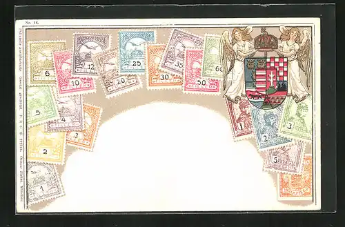 Lithographie Briefmarken von Ungarn verschiedener Werte, die Engel neben dem Wappen mit Krone