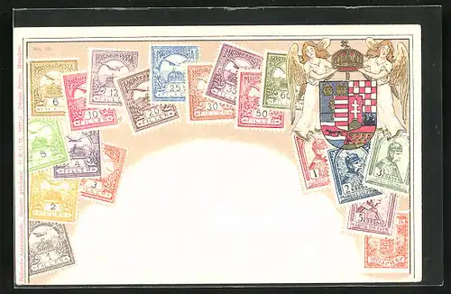 Lithographie Briefmarken von Deutschland verschiedener Werte, zwei Engel neben dem Wappen mit Krone