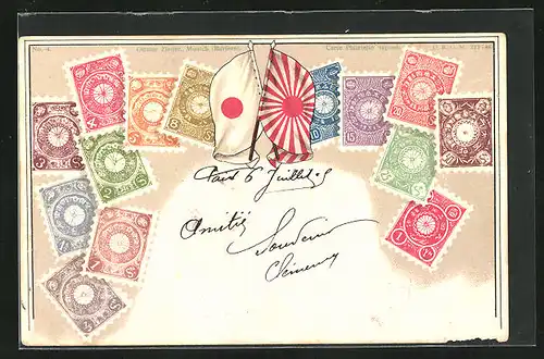 Präge-Lithographie Briefmarken von Japan verschiedener Werte, Landesflagge