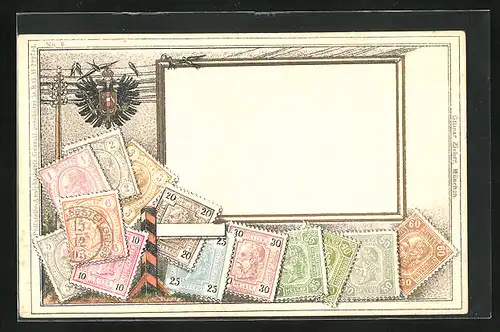 Präge-Lithographie Briefmarken von Österreich verschiedener Werte, Landesvogel mit Wappen