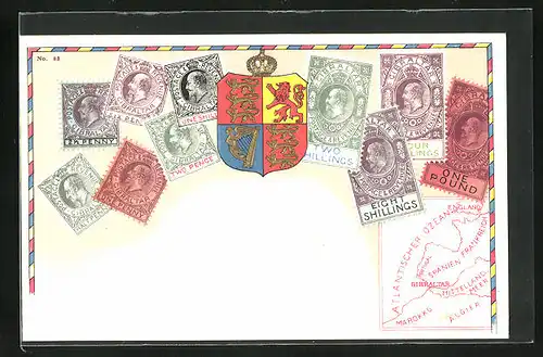 Präge-Lithographie Briefmarken von Gibraltar verschiedener Werte, Landkarte mit Europa und Nordafrika, Wappen