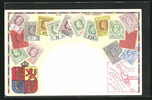 Präge-Lithographie Briefmarken der Straits Settlements verschiedener Werte, Wappen, Landkarte des Indischen Ozeans