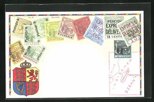 Lithographie Briefmarken von Mauritius verschiedener Werte, Landkarte der Inseln östlich von Afrika, Wappen mit Krone