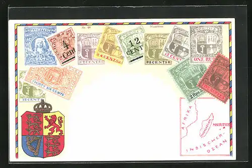 Lithographie Briefmarken von Mauritius verschiedener Werte, Wappen mit Krone, Landkarte der Insel