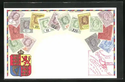 Lithographie Briefmarken von Straits-Settlements verschiedener Werte, Wappen mit der Krone, Landkarte der Halbinsel