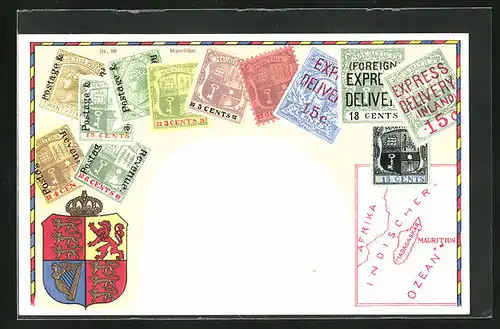 Präge-Lithographie Briefmarken von Mauritius verschiedener Werte, Landkarte der Inseln, Wappen mit Krone