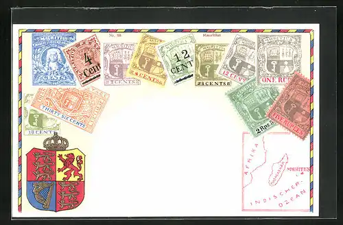 Präge-Lithographie Briefmarken von Mauritius verschiedener Werte, Landkarte der Insel östlich von Madagaskar, Wappen 