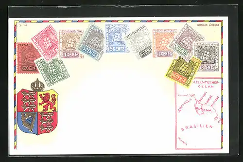 Lithographie Briefmarken von Britisch Guyana verschiedener Werte, Wappen mit Krone, Landkarte des Landes