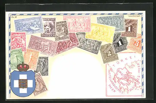 Lithographie Briefmarken von Griechenland verschiedener Werte, Landkarte mit dem Ägäischen Meer, Wappen
