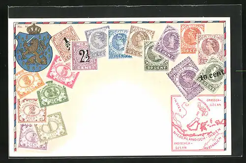 Lithographie Briefmarken von Niederländisch Indien verschiedener Werte, Landkarte der Region, goldener Löwe auf Wappen