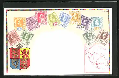 Lithographie Briefmarken von Ceylon verschiedener Werte, Landkarte der Region, Wappen mit goldener Krone