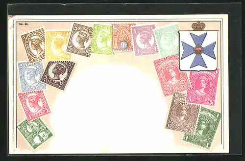 Präge-Lithographie Briefmarken von Queensland verschiedener Werte, blaues Kreuz auf weissem grund