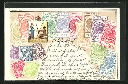 Präge-Lithographie Briefmarken von Australien verschiedener Werte, Frau mit Schild und Speer mit einem Eingeborenem