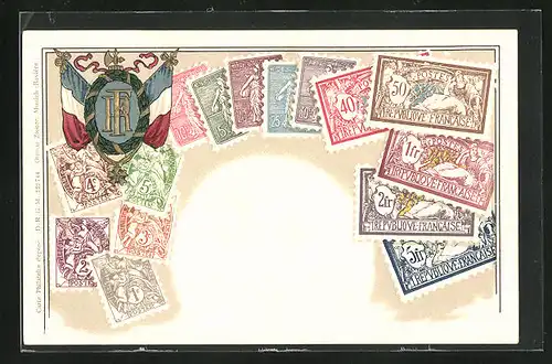 Präge-Lithographie Briefmarken von Frankreich verschiedener Werte, Kranz in Gold mit Landesflaggen