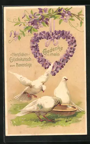 Präge-Künstler-AK Blumenbild, weisse Tauben mit Herz aus Blumen