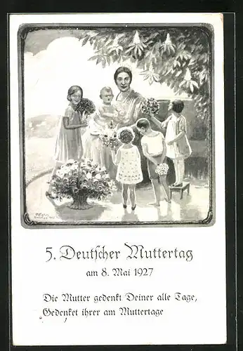 Künstler-AK 5. Deutscher Muttertag, Mutter mit Kindern am 8. Mai 1927